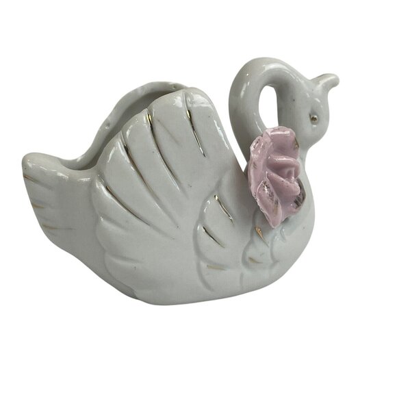 Unbranded Other - Vintage Mini White Swan Ceramic Planter Trinket Dish Pink Ceramic Roses Japan 2"